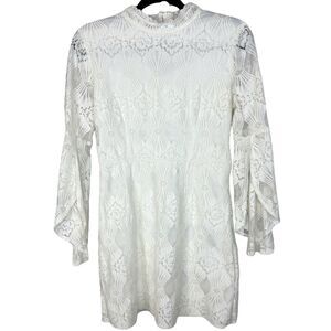 Blushing Heart White Intricate lace high neck dress flare sleeves Size Large